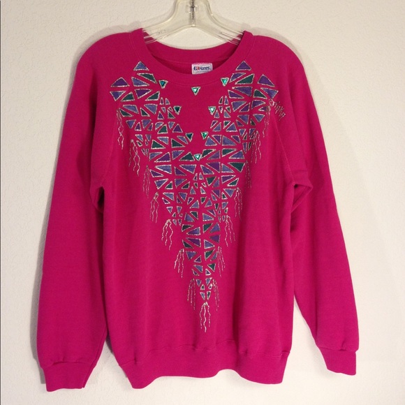 Vintage Tops - Vintage Hanes Pink Painted Sweatshirt Handcrafted Size Large